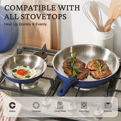 Non Toxic Stainless Steel Frying Pan Set (8",10",12"), Tri-Ply Nonstick Skillet Pans with Removable Handles, Dishwasher & Oven Safe, All Stovetops Compatible, Blue