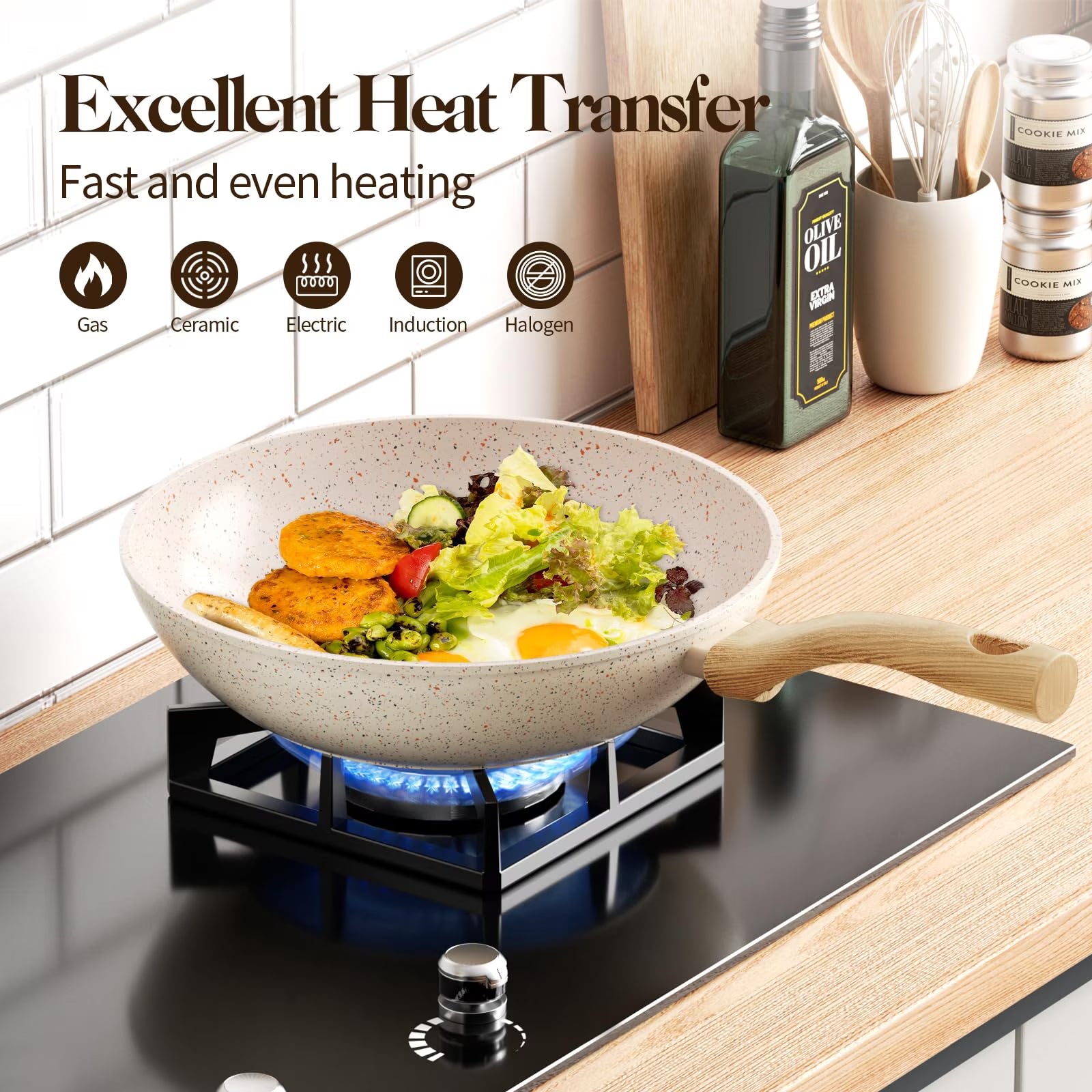 6 Pcs Nonstick Frying Pan Set White with Lids Granite Cookware Healthy Cookware Induction Skillet