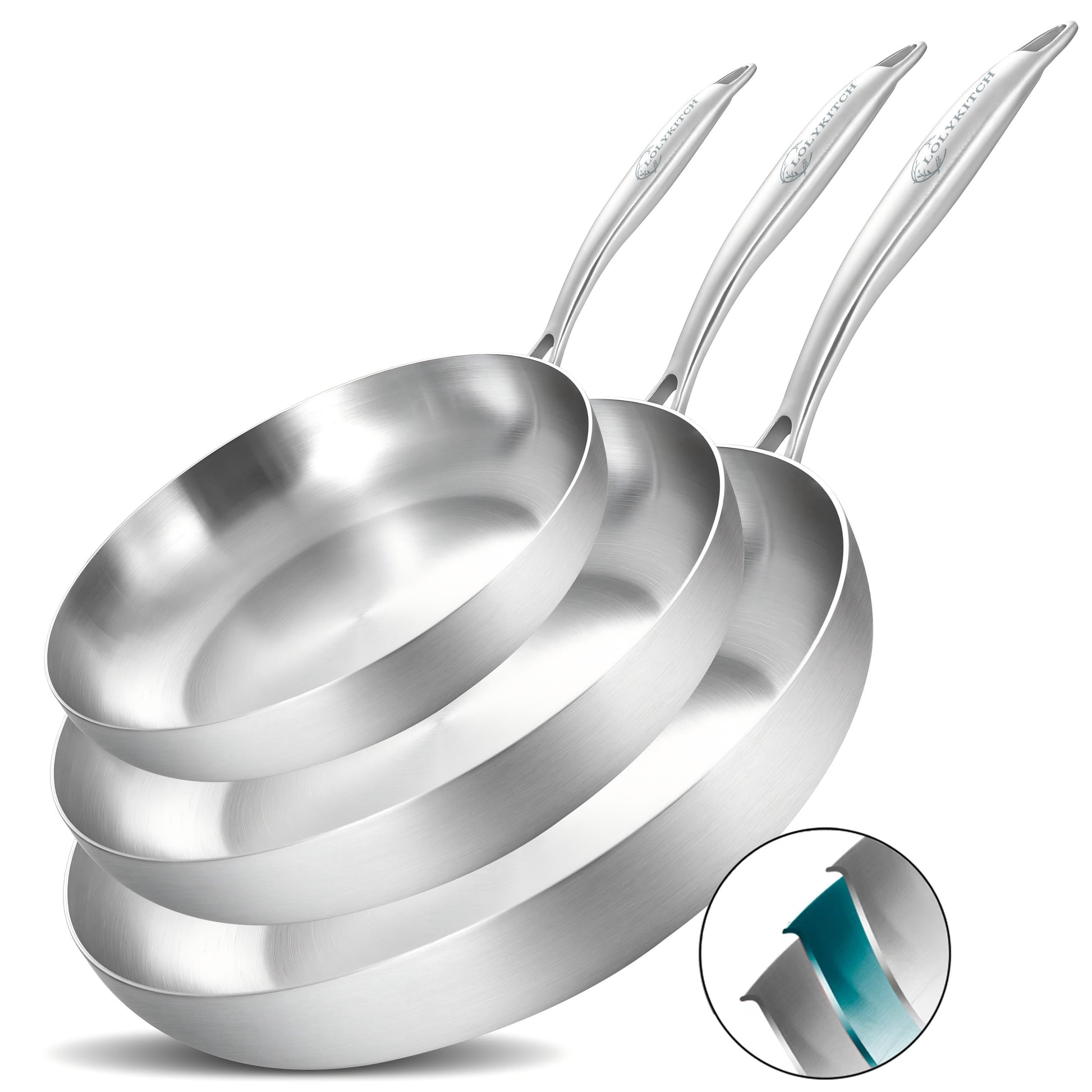 Tri-Ply Stainless Steel Pan Set, 8.5-Inch, 10-Inch, 12-Inch Frying Pan Set, Induction & Oven Safe,Detachable Handle.