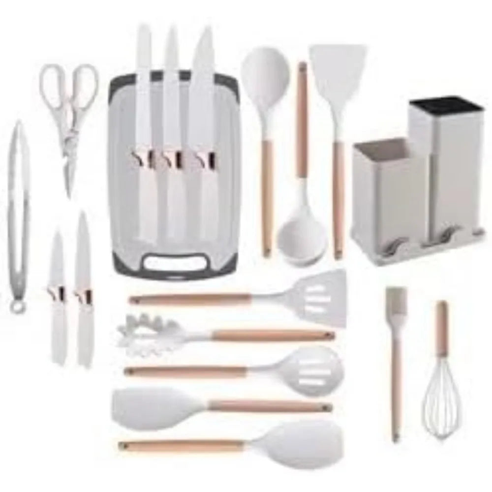 19 Piece Black Cutlery Set; Cooking Spatula Spoon Kitchenware with Storage Bucket Knife Set; Non-Stick Cookware