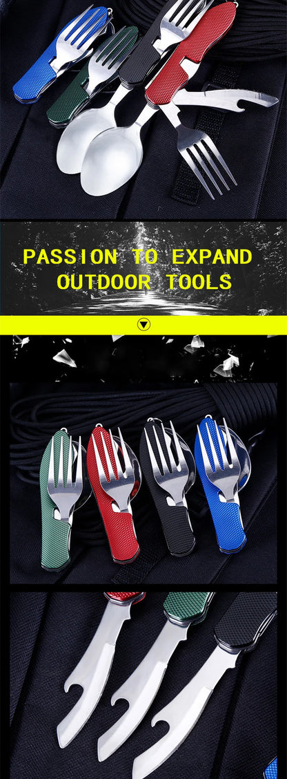 Stainless Steel cutlery 4 In 1 Outdoor Picnic Tableware Foldable Knife Fork Spoon Bottle Opener Folding Pocket Cutlery Set