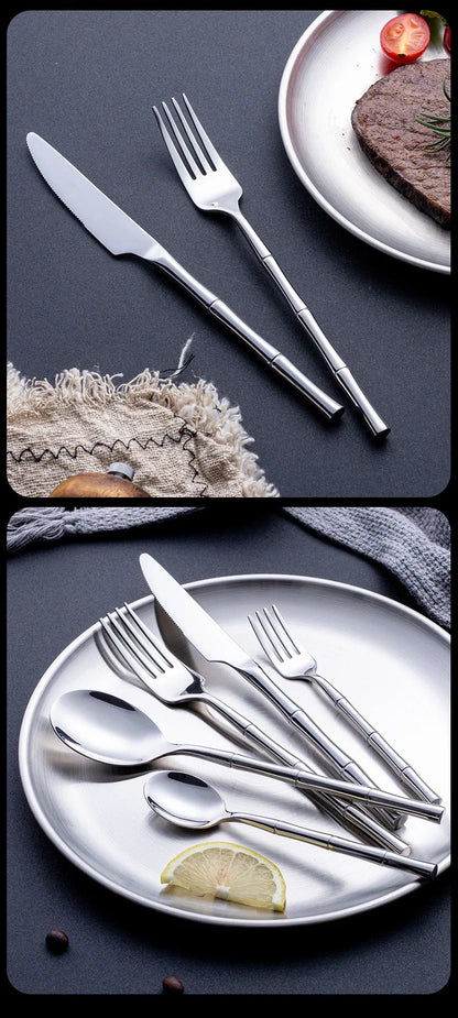 Creative Cutlery with Bamboo Handle,304 Stainless Steel Western Tableware,Steak Forks Spoon Dinnerware Flatware Dishwasher Safe