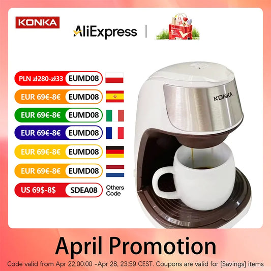 KONKA Drip Coffee Maker - 10-Cup, Auto Shut-Off, Reusable Filter, Compact, Ideal for Home & Office, Brews Fresh Coffee KCF-CS2