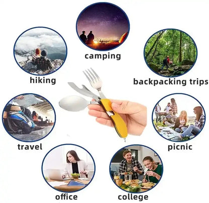 Stainless Steel cutlery 4 In 1 Outdoor Picnic Tableware Foldable Knife Fork Spoon Bottle Opener Folding Pocket Cutlery Set