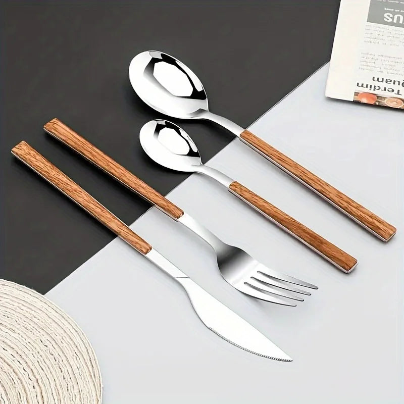 12 Piece Stainless Steel Cutlery Set with Wooden Handles - Includes Knife, Fork, Spoon and Coffee Spoon - Dishwasher Safe
