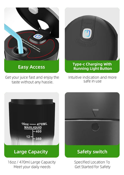 Electric Portable Blender USB Rechargeable Portable Juicer Blades for Shakes Smoothies 470ML Multifunctional Fresh juice Machine