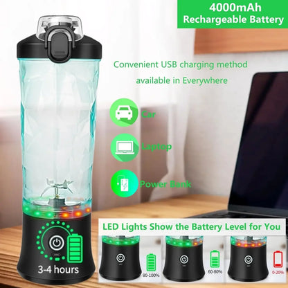 Portable Blender Personal Juicer - Kitchen 20oz USB Rechargeable 4000mAh Large Battery With 6 Blades for Smoothies Shakes Baby