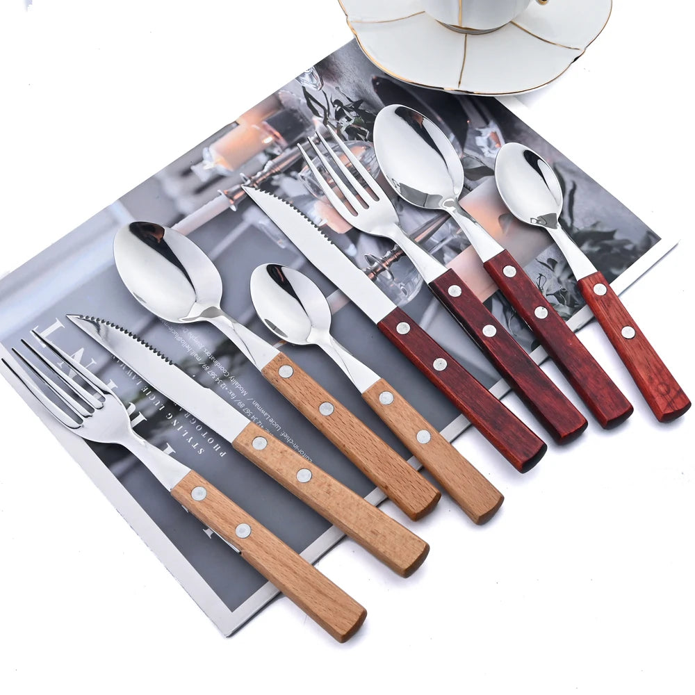 24Pcs Cutlery Wooden Handle Cutlery Set Stainless Steel Tableware Knife Fork Tea Spoon Silverware Western Flatware