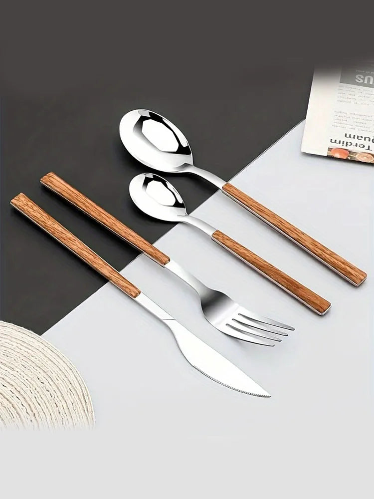 12 Piece Stainless Steel Cutlery Set with Wooden Handles - Includes Knife, Fork, Spoon and Coffee Spoon - Dishwasher Safe