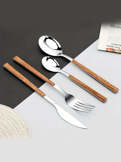 12 Piece Stainless Steel Cutlery Set with Wooden Handles - Includes Knife, Fork, Spoon and Coffee Spoon - Dishwasher Safe