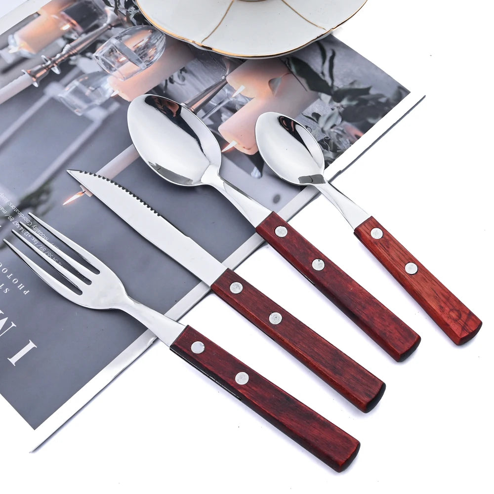 24Pcs Cutlery Wooden Handle Cutlery Set Stainless Steel Tableware Knife Fork Tea Spoon Silverware Western Flatware