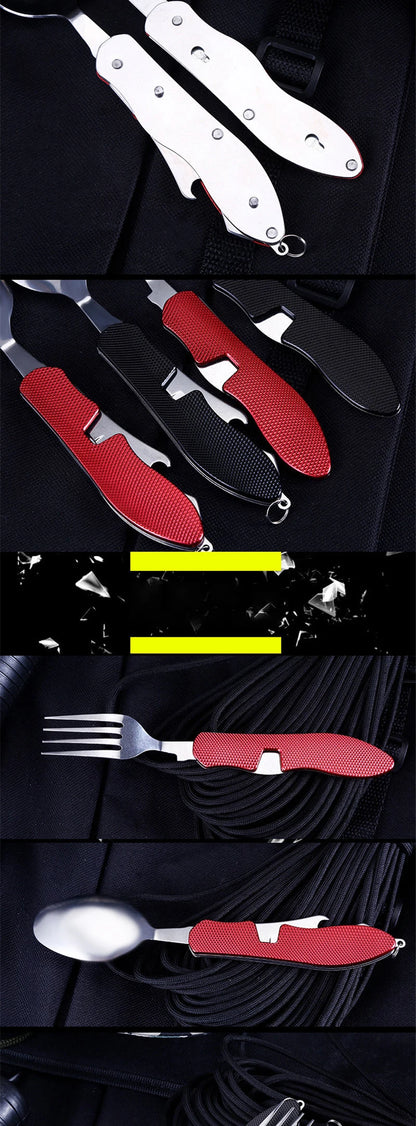 Stainless Steel cutlery 4 In 1 Outdoor Picnic Tableware Foldable Knife Fork Spoon Bottle Opener Folding Pocket Cutlery Set