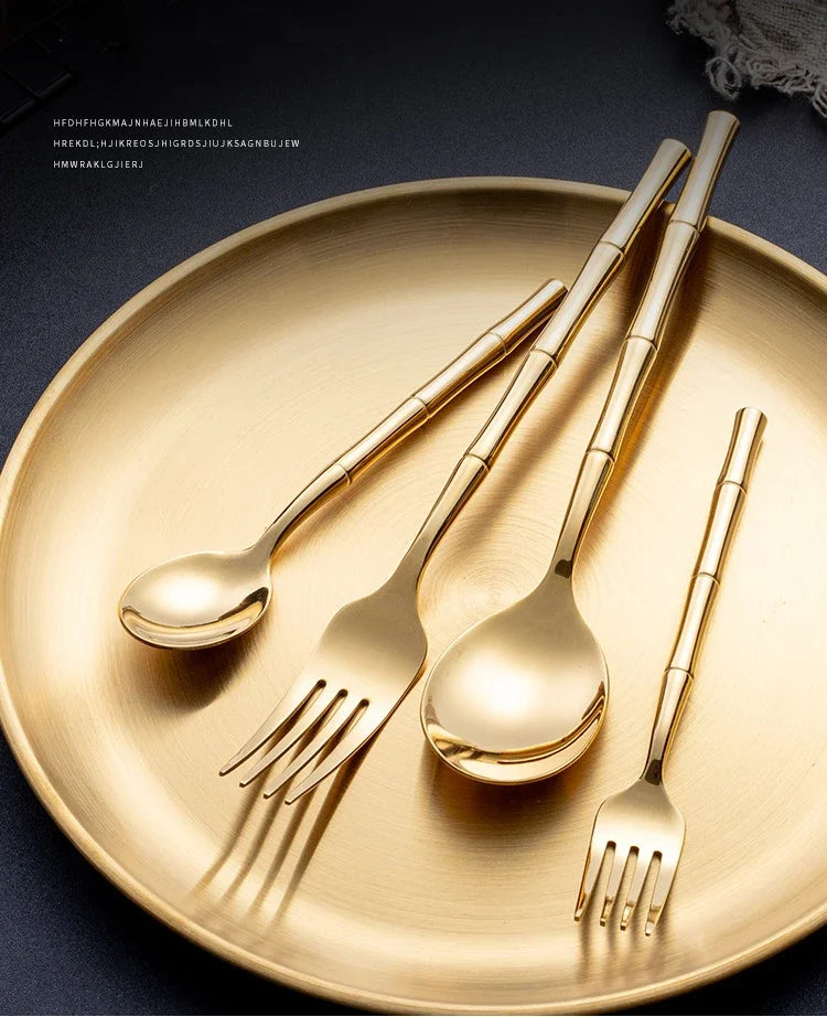 Creative Cutlery with Bamboo Handle,304 Stainless Steel Western Tableware,Steak Forks Spoon Dinnerware Flatware Dishwasher Safe