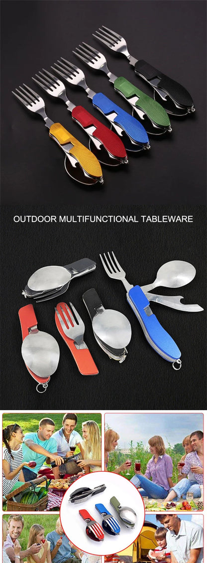 Stainless Steel cutlery 4 In 1 Outdoor Picnic Tableware Foldable Knife Fork Spoon Bottle Opener Folding Pocket Cutlery Set
