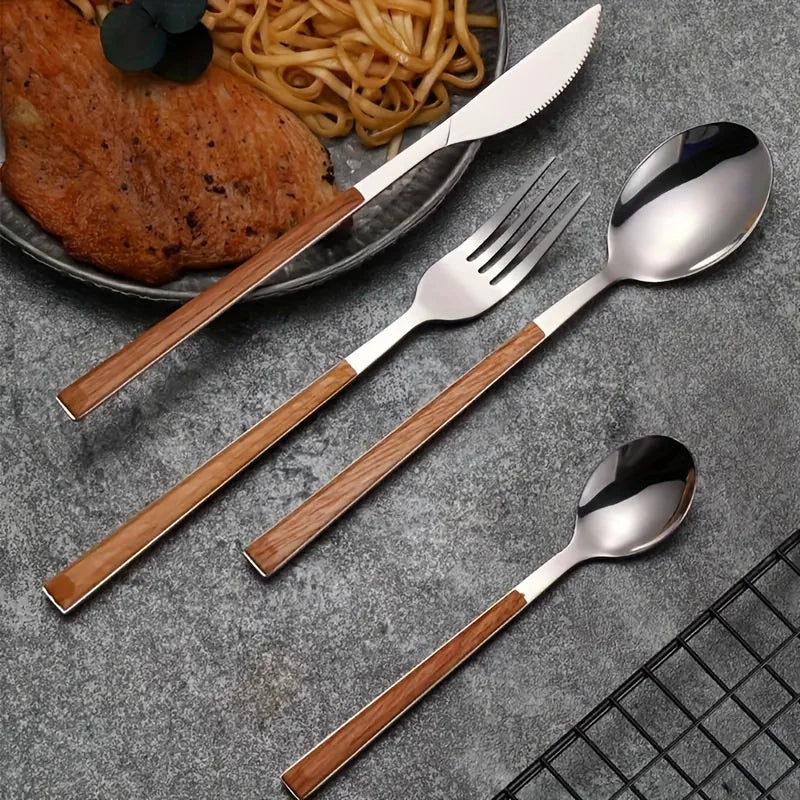 12 Piece Stainless Steel Cutlery Set with Wooden Handles - Includes Knife, Fork, Spoon and Coffee Spoon - Dishwasher Safe