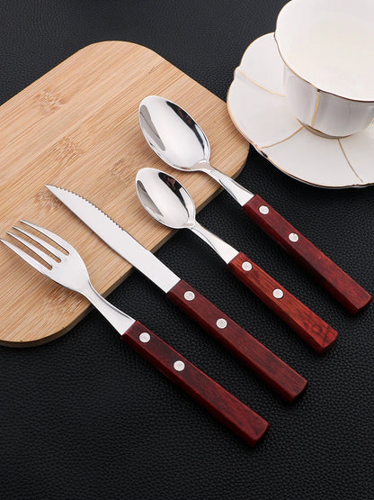24Pcs Cutlery Wooden Handle Cutlery Set Stainless Steel Tableware Knife Fork Tea Spoon Silverware Western Flatware