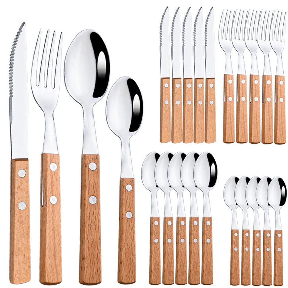 24Pcs Cutlery Wooden Handle Cutlery Set Stainless Steel Tableware Knife Fork Tea Spoon Silverware Western Flatware