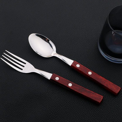 24Pcs Cutlery Wooden Handle Cutlery Set Stainless Steel Tableware Knife Fork Tea Spoon Silverware Western Flatware