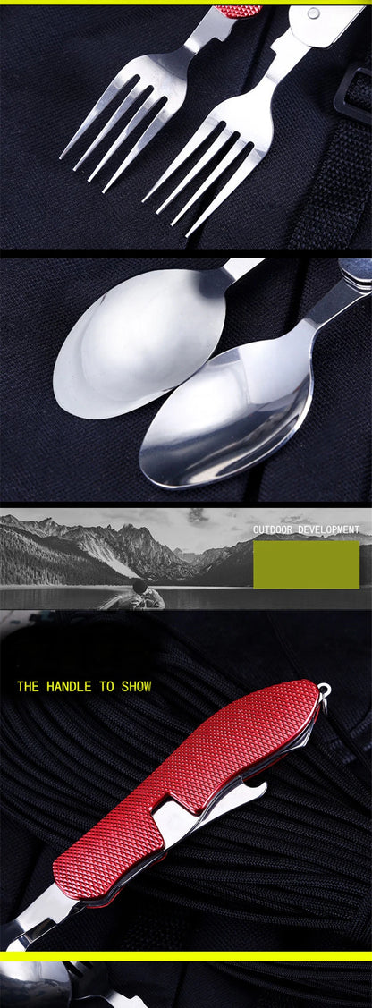 Stainless Steel cutlery 4 In 1 Outdoor Picnic Tableware Foldable Knife Fork Spoon Bottle Opener Folding Pocket Cutlery Set