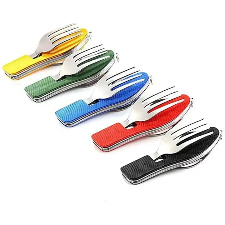 Stainless Steel cutlery 4 In 1 Outdoor Picnic Tableware Foldable Knife Fork Spoon Bottle Opener Folding Pocket Cutlery Set