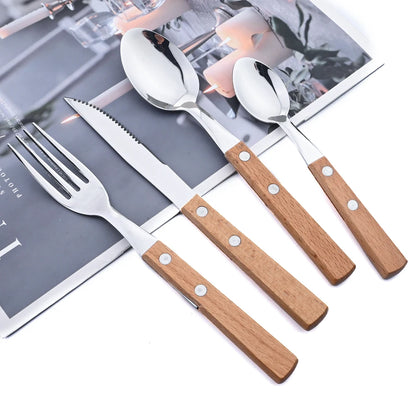 24Pcs Cutlery Wooden Handle Cutlery Set Stainless Steel Tableware Knife Fork Tea Spoon Silverware Western Flatware