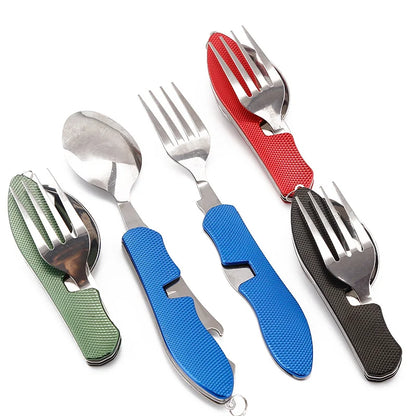 Stainless Steel cutlery 4 In 1 Outdoor Picnic Tableware Foldable Knife Fork Spoon Bottle Opener Folding Pocket Cutlery Set