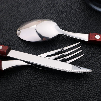 24Pcs Cutlery Wooden Handle Cutlery Set Stainless Steel Tableware Knife Fork Tea Spoon Silverware Western Flatware