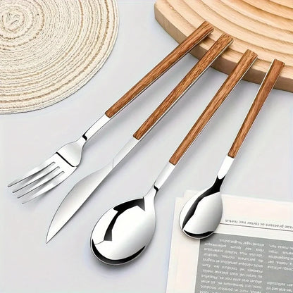 12 Piece Stainless Steel Cutlery Set with Wooden Handles - Includes Knife, Fork, Spoon and Coffee Spoon - Dishwasher Safe