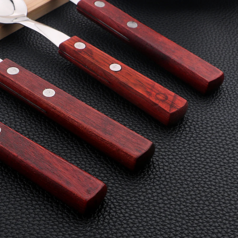 24Pcs Cutlery Wooden Handle Cutlery Set Stainless Steel Tableware Knife Fork Tea Spoon Silverware Western Flatware