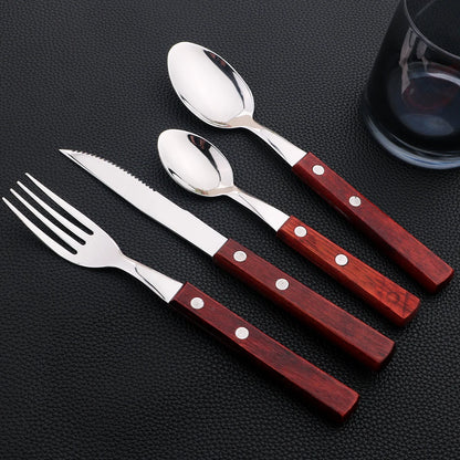 24Pcs Cutlery Wooden Handle Cutlery Set Stainless Steel Tableware Knife Fork Tea Spoon Silverware Western Flatware