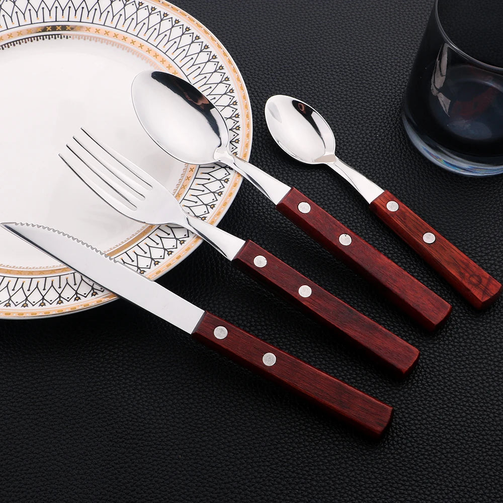 24Pcs Cutlery Wooden Handle Cutlery Set Stainless Steel Tableware Knife Fork Tea Spoon Silverware Western Flatware