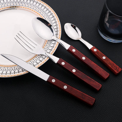 24Pcs Cutlery Wooden Handle Cutlery Set Stainless Steel Tableware Knife Fork Tea Spoon Silverware Western Flatware