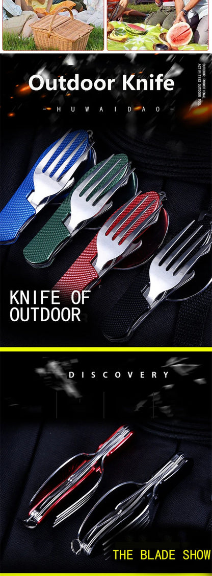 Stainless Steel cutlery 4 In 1 Outdoor Picnic Tableware Foldable Knife Fork Spoon Bottle Opener Folding Pocket Cutlery Set