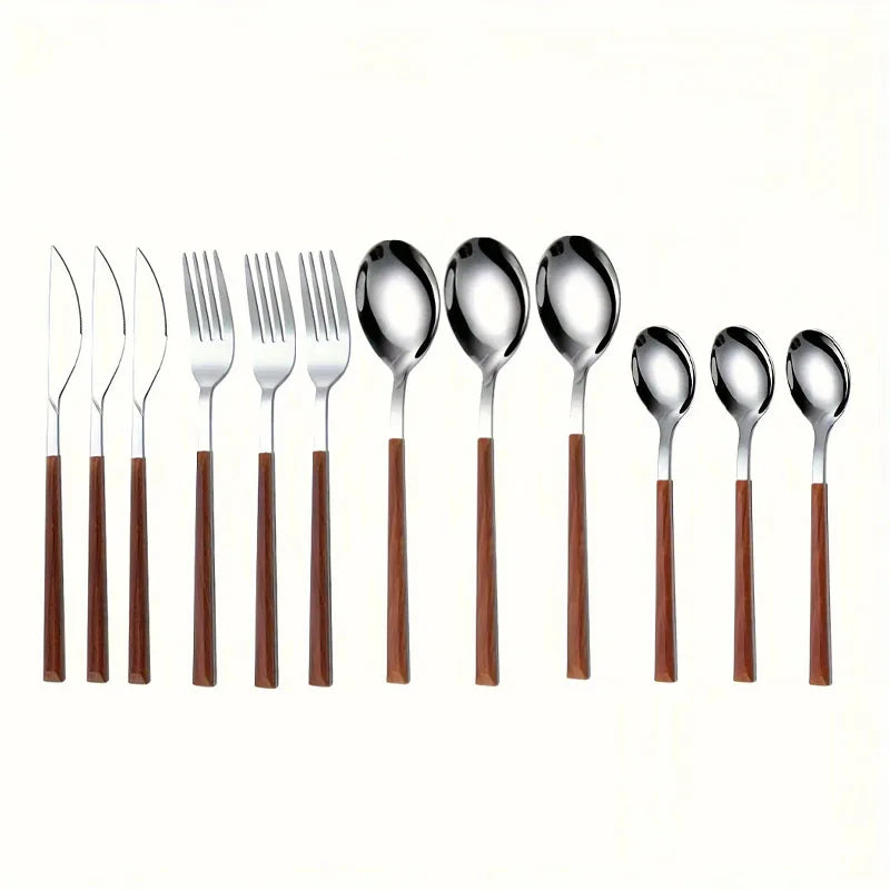 12 Piece Stainless Steel Cutlery Set with Wooden Handles - Includes Knife, Fork, Spoon and Coffee Spoon - Dishwasher Safe