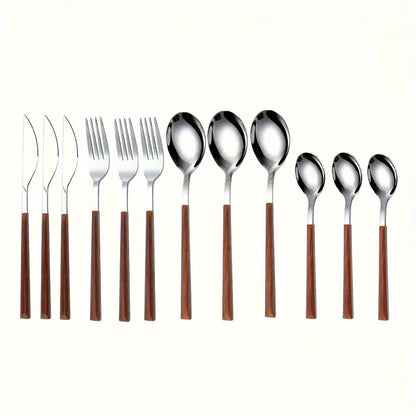 12 Piece Stainless Steel Cutlery Set with Wooden Handles - Includes Knife, Fork, Spoon and Coffee Spoon - Dishwasher Safe