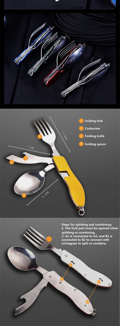 Stainless Steel cutlery 4 In 1 Outdoor Picnic Tableware Foldable Knife Fork Spoon Bottle Opener Folding Pocket Cutlery Set