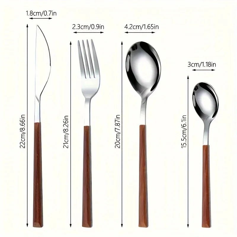 12 Piece Stainless Steel Cutlery Set with Wooden Handles - Includes Knife, Fork, Spoon and Coffee Spoon - Dishwasher Safe