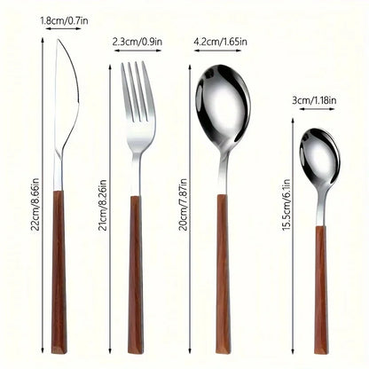 12 Piece Stainless Steel Cutlery Set with Wooden Handles - Includes Knife, Fork, Spoon and Coffee Spoon - Dishwasher Safe