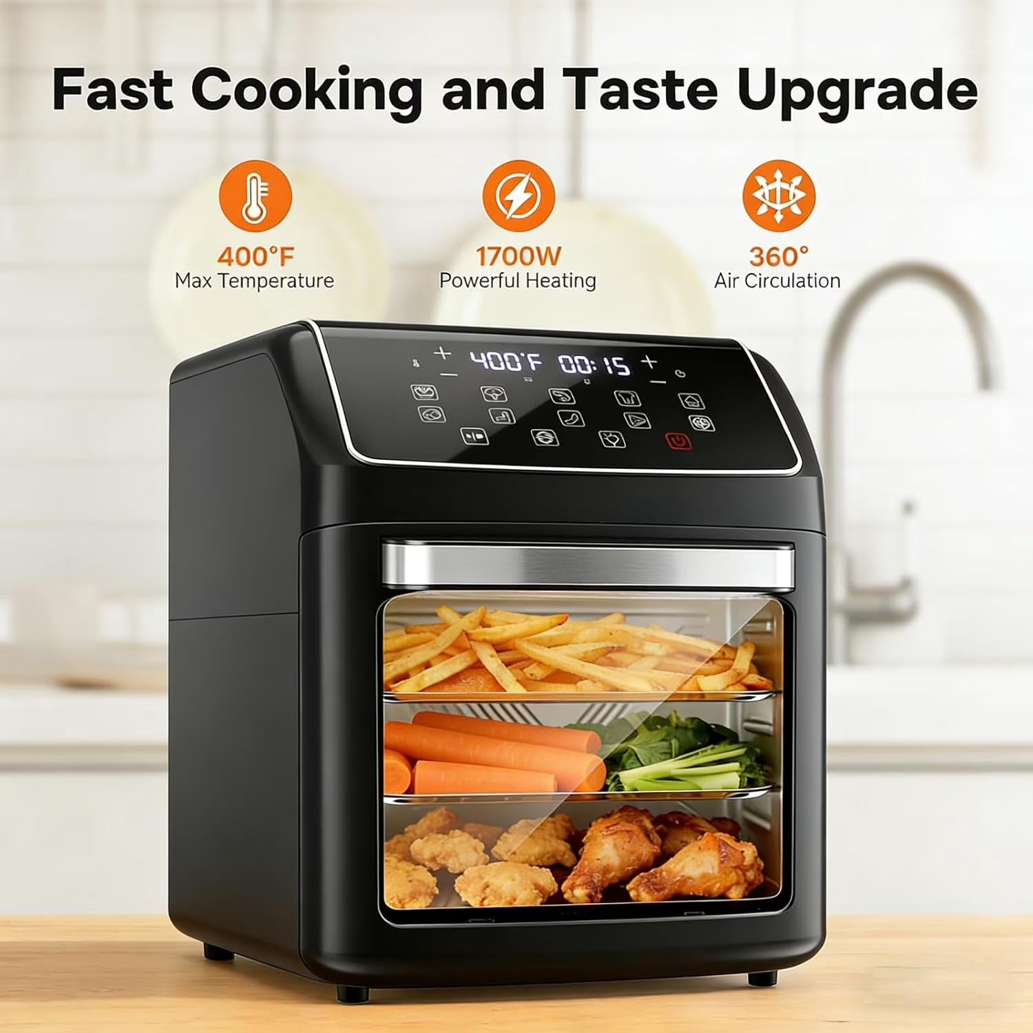 12 QT Air Fryer Toaster Oven, View Windows and Timer with 10 Preset Cooking Modes, MAX 400℉ for Crispy, 85% Less Oil, Fast Roast, Preheat, Shake, Bake