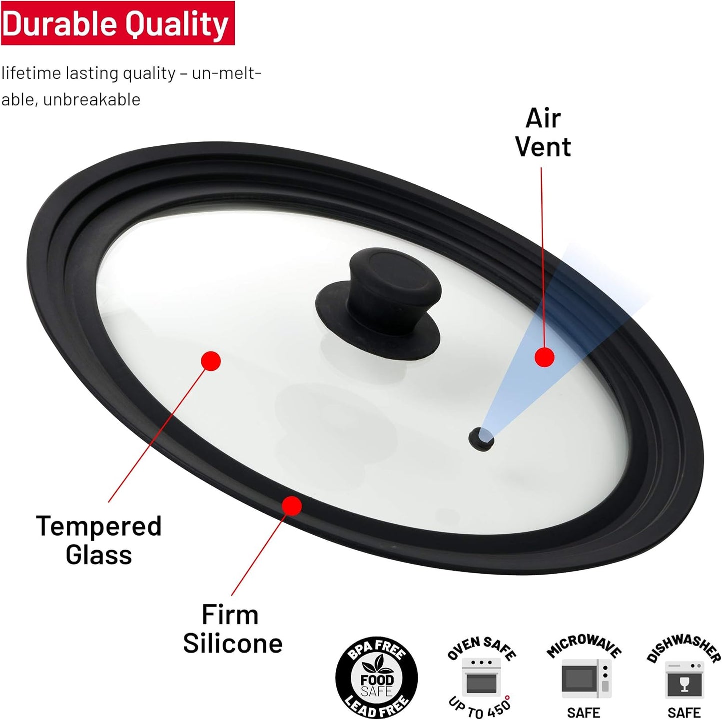 Universal Lids for Pots, Pans and Skillets - Tempered Glass with Vented Silicone Rim and Heat-Resistant Handle - Fits Multiple Cookware Sizes - Dishwasher & Microwave Safe (Single, 11",12",12.5")