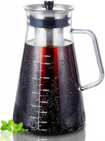 Airtight Cold Brew Coffee (Iced Tea) Maker 51Oz/1.5L, Bpa-Free, Durable Borosilicate Glass Pitcher and Stainless Steel Fine-Mesh Filter, Dishwasher Safe, Spill-Proof, 6 Cups Capacity