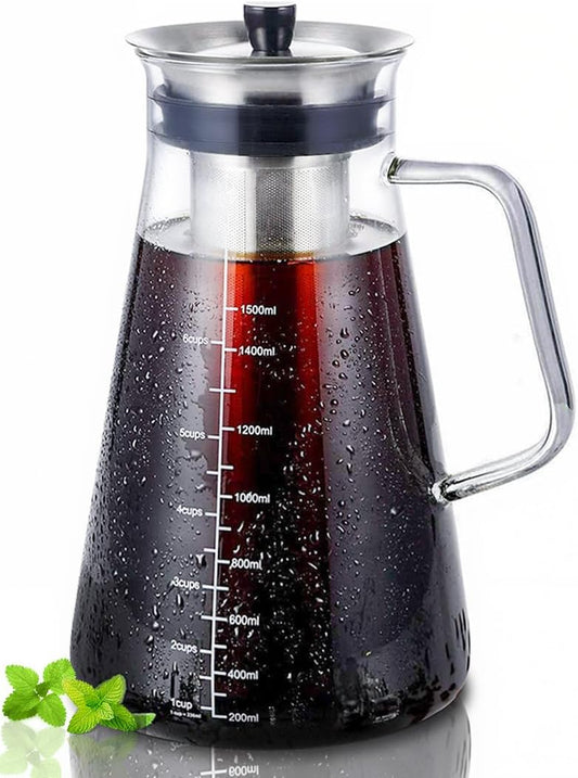 Airtight Cold Brew Coffee (Iced Tea) Maker 51Oz/1.5L, Bpa-Free, Durable Borosilicate Glass Pitcher and Stainless Steel Fine-Mesh Filter, Dishwasher Safe, Spill-Proof, 6 Cups Capacity