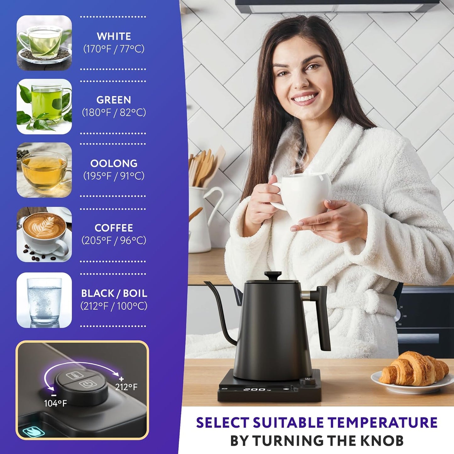 APQ Gooseneck Electric Kettle 30 Oz. Auto Shut-Off Black 1200 W Temperature Control 0.9 L Rapid Heating with LED Display