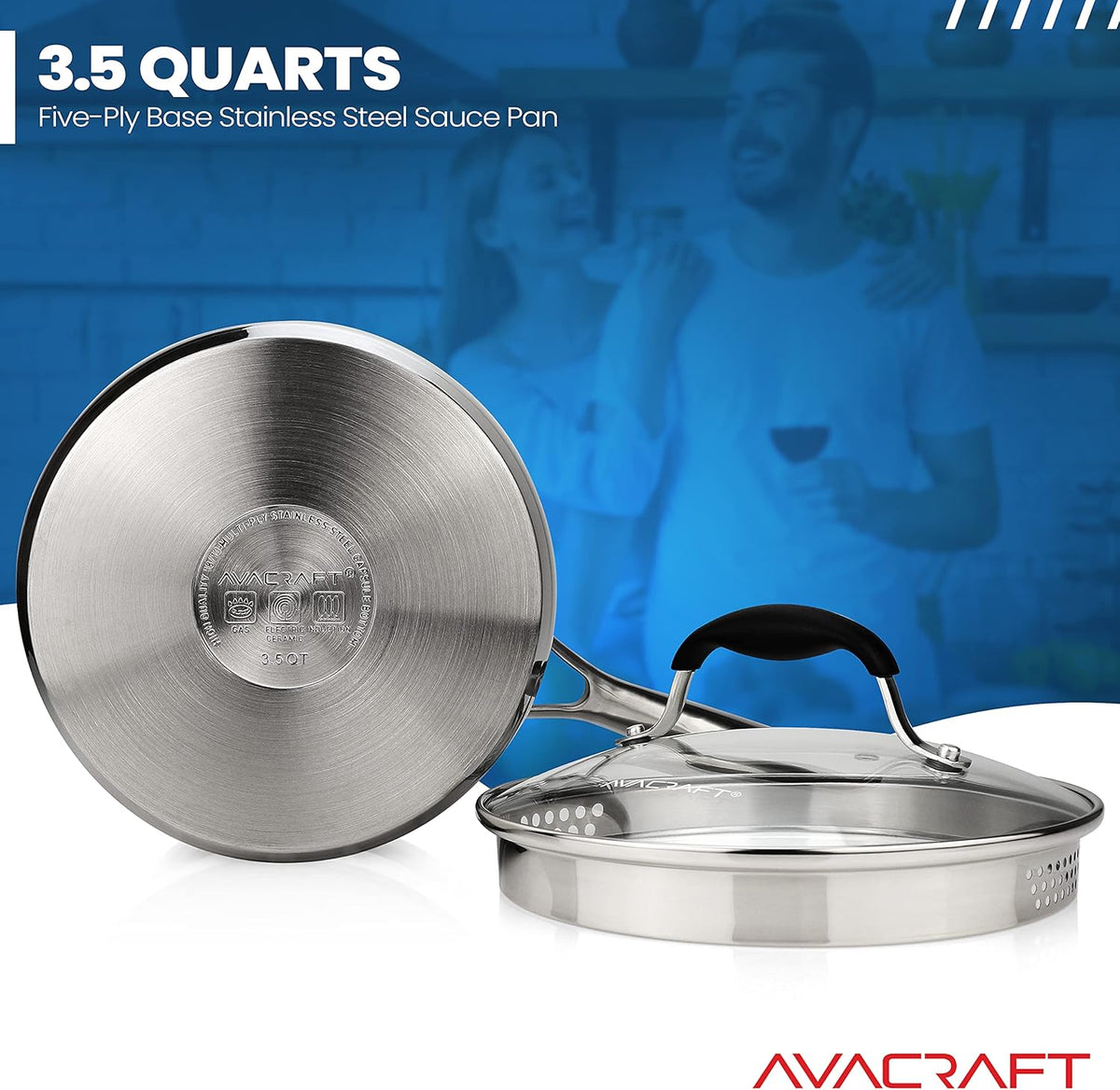 3.5 Quart Stainless Steel Saucepan with Glass Strainer Lid