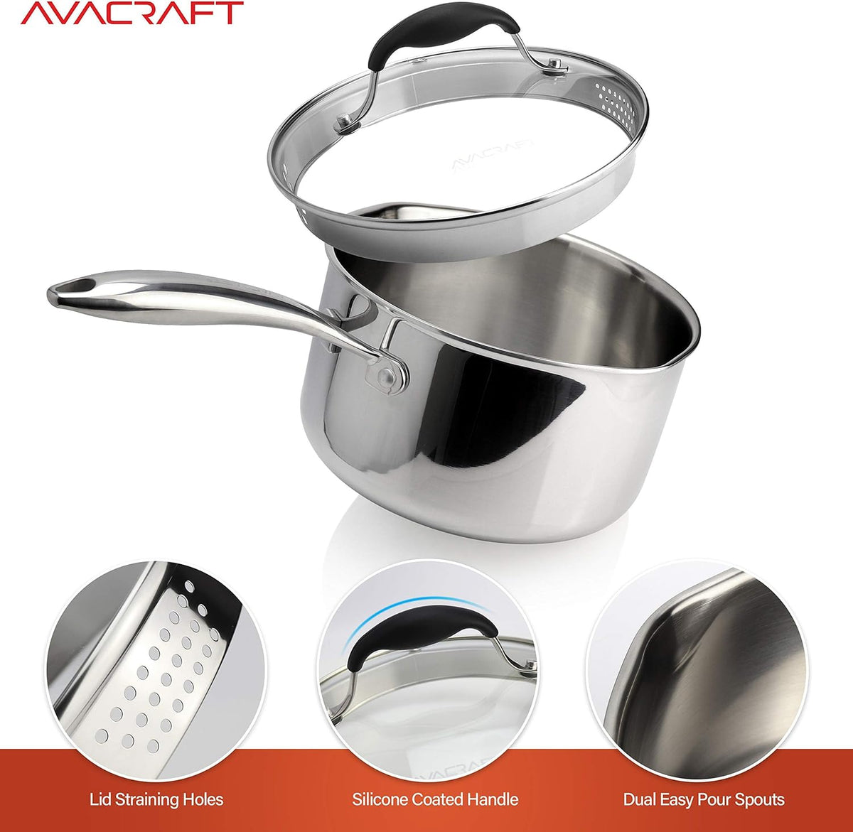3.5 Quart Tri-Ply Stainless Steel Saucepan with Glass Strainer Lid