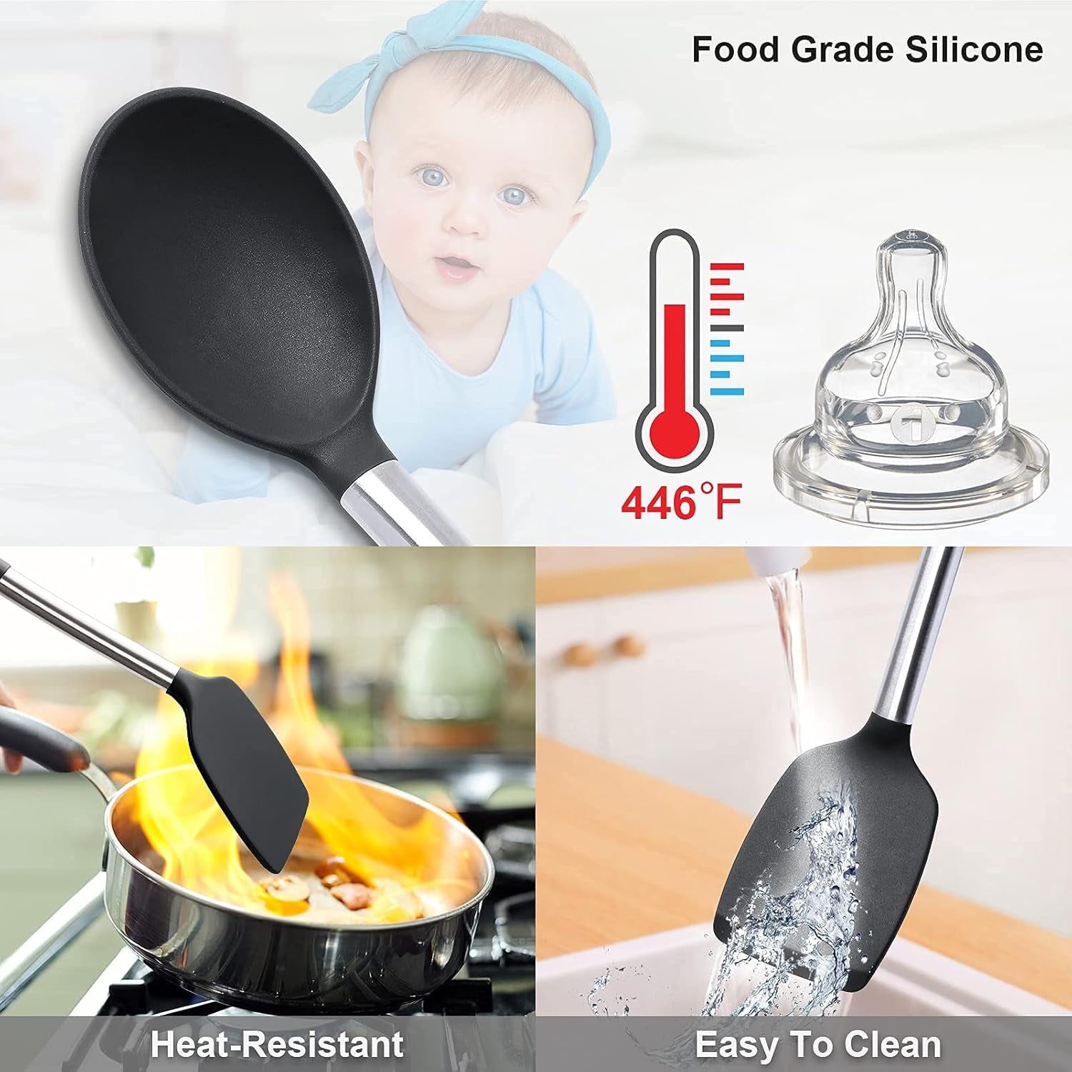 43 Pcs Silicone Kitchen Cooking Utensils Set,  Heat-Resistant Kitchen Utensil Set with Holder, Nonstick Cookware Set with Stainless Steel Handle, Kitchen Spatula Gadgets BPA Free (Black)