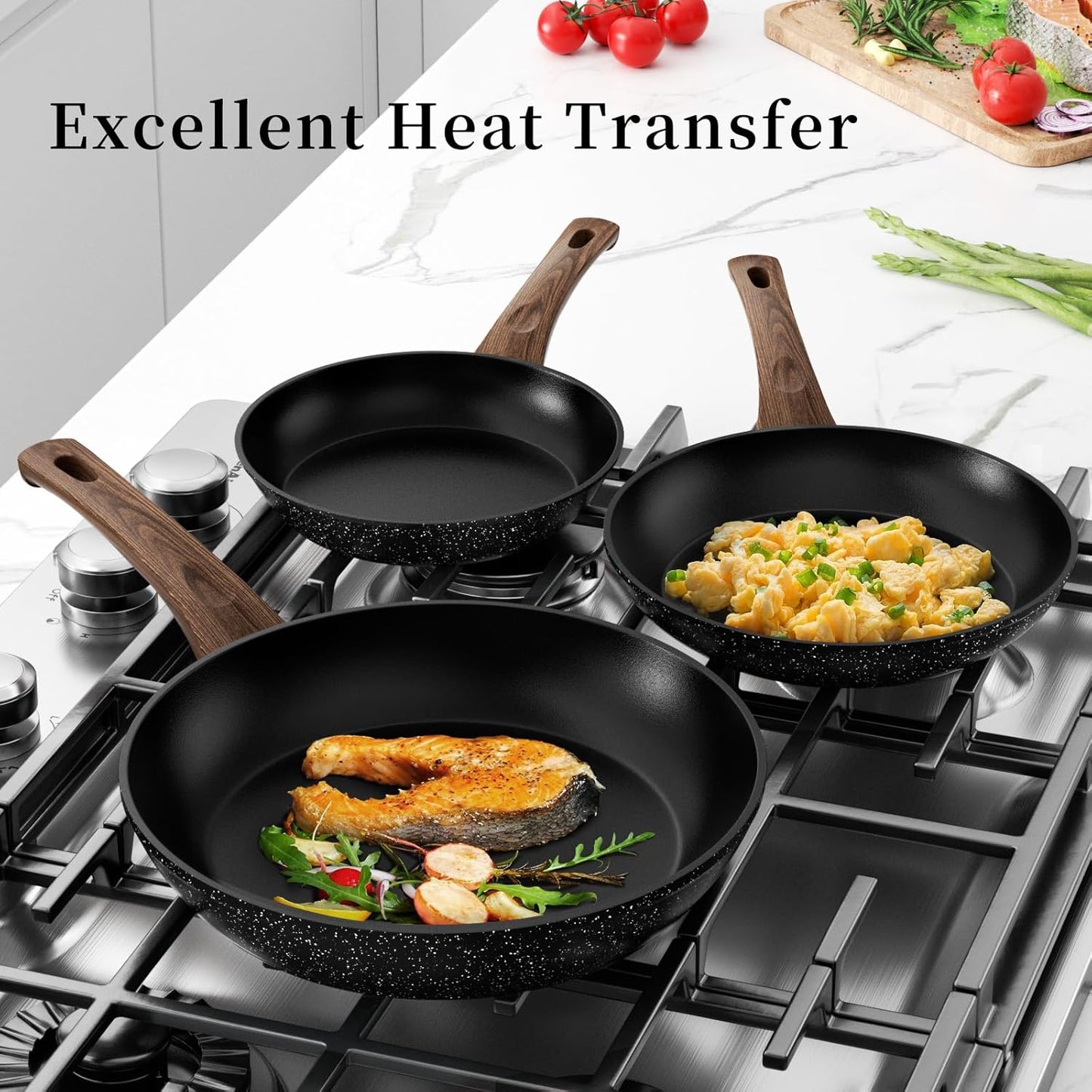 Frying Pan Set - 3 Pcs Nonstick Skillets with Lids, PFOA Free, Induction Compatible, Black