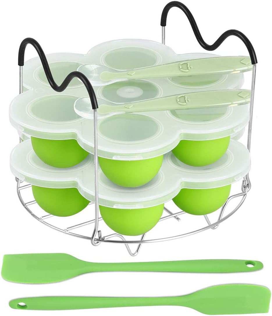Silicone Egg Bites Molds and Steamer Rack Trivet with Heat Resistant Handles Fit Instant Pot Accessories, 7Pcs Set for 6Qt & 8Qt Electric Pressure Cooker with 2 Spoons and Silicone Spatula