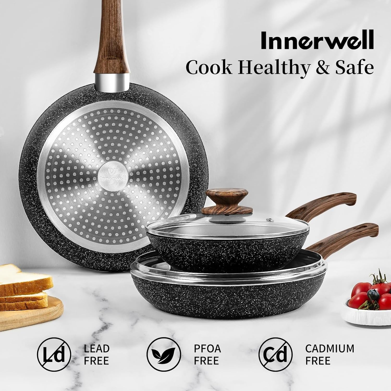 Frying Pan Set - 3 Pcs Nonstick Skillets with Lids, PFOA Free, Induction Compatible, Black