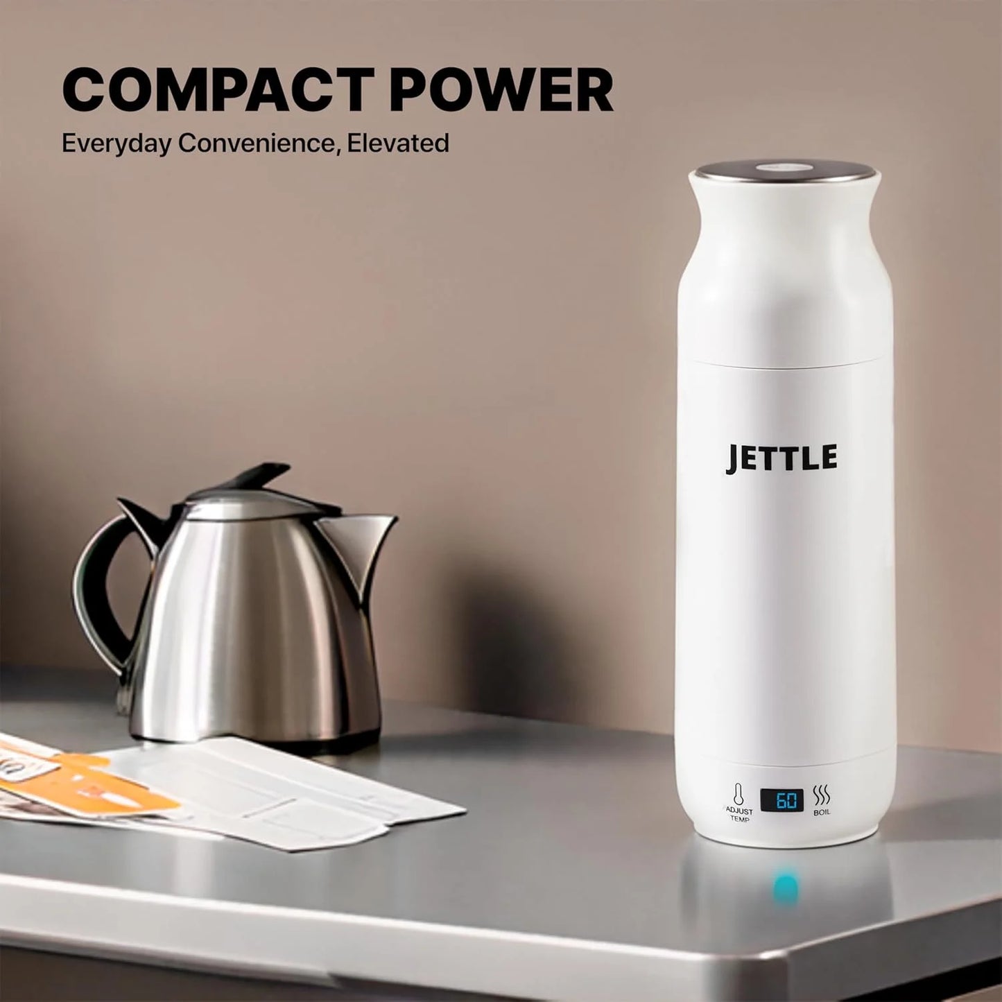 Travel Electric Kettle 450Ml - Portable Bottle-Style Water Heater with Temperature Control & Auto Shut-Off - Stainless Steel for Tea, Coffee & Soup - White